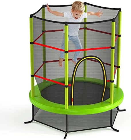 GYMAX Toddler Trampoline, 55” Trampoline for Kids with Bottom-to-Top All-Round Enclosure Net & Seamless Jumping Mat, ASTM Approved Easy Assembly Kids Mini Trampolines Indoor/Outdoor