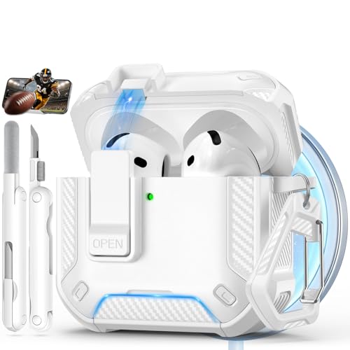 Image of for AirPods 4 Case with Lock & Phone Stand(Pure White) | Automatic Snap Switch Lock,Carbon Fiber Texture Design Cover with Cleaner Kit,Compatible with MagSafe