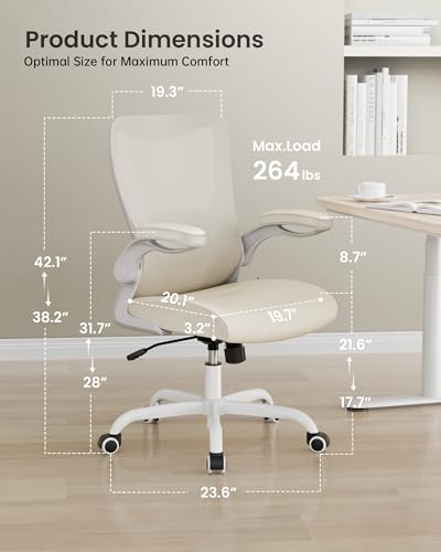 Image of MUXX.STIL Office Chair, PU Leather Ergonomic Desk Chair with Adjustable Lumbar Support and Flip up Armrest, Breathable Mesh Computer Chair for Home Office, Khaki
