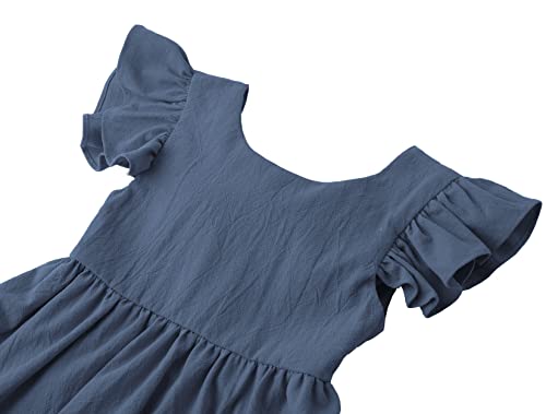Lyxiof Toddler Baby Girl Cotton Linen Summer Dress Ruffle Sleeve Back Bowknot Kids Beach Dresses Navy Blue 100Cm #TOP2