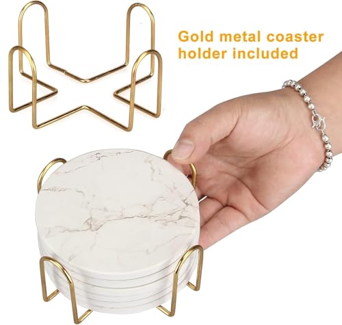 Image of 6 Pack White Wood Coaster Set with Holder Absorbent Drink Coasters Wood Cute Coaster Bar Dining Coffee Table Accessories Decor Gift Funny Cup Stone Modern Cool Desk Beer Cork