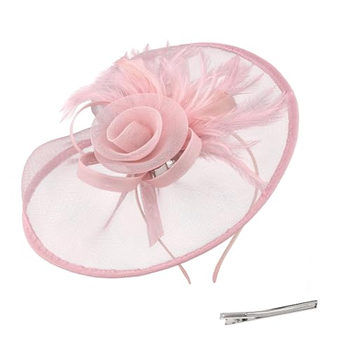 Amariver Fascinator Hat for Women Elegant Mesh Tea Party Headband with Feather Detail, Pink Derby Hat for Women Perfect for Derby & Wedding Occasions