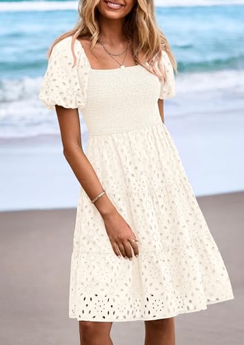 PRETTYGARDEN Womens Summer Puff Sleeve Mini Dress Off Shoulder Eyelet Smocked A Line Casual Babydoll Short Dresses3