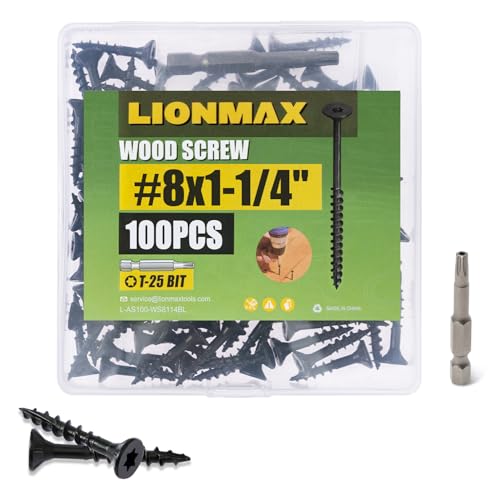 Image of LIONMAX Deck Screws 1-1 /4 Inch, Wood Screws #8 x 1-1 /4 inch, 100 PCS, Rust Resistant, Exterior Epoxy Coated, Outdoor Decking Screws, Torx /Star Drive Head Screw, T25 Star Bit Included, Black