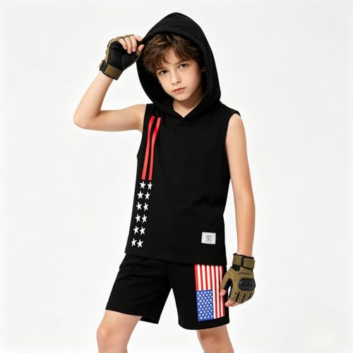 Image of Size 6-12 Years Boys Summer Clothes Hooded Sleeveless Tank Tops Workout Shorts 2 Piece Set Fashion Outfits
