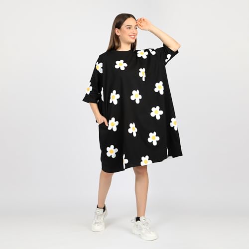 Image of LAMA STORE Women's Printed Oversized T-Shirt Dress, Cotton, 3 /4 Sleeve Length, Casual Loose Fit, Comfort Wear Extra Comfy Oversized Printed Pocket T-Shirt Dress