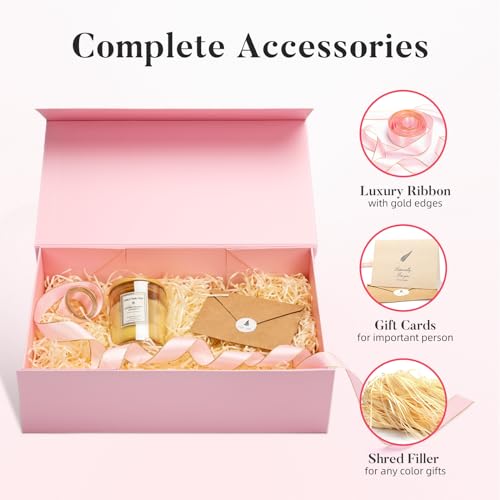 Image of LIFELUM Pink Gift Boxes with Lids for Presents 5 Pack 13.85x8.35x4.45 Inch Gift Boxes with Ribbon,Card,Shredded Paper Filler Magnetic Gift Box for Wedding Gifts