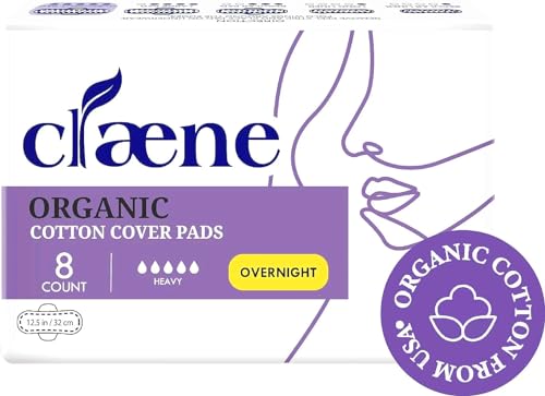 Image of Claene Organic Cotton Cover Pads, Cruelty-Free, Menstrual Overnight Pads for Women, Unscented, Breathable, Vegan, Natural Sanitary Napkins with Wings (Overnight, 1 Pack, Total 8)