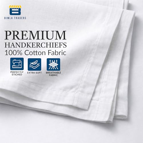 Image of Btag Premium Pure Cotton Handkerchiefs for Men | White with Stylish Border | Soft, Durable & Absorbent Hanky /Rumal | Classic Solid Design for Boys & Men |White (Pack of 12) 53 x 53 CM