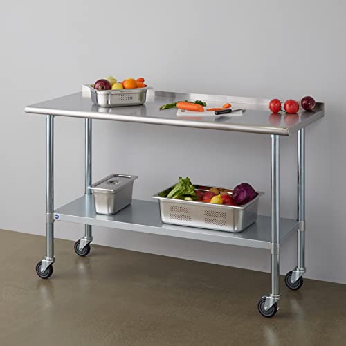 Image of Stainless Steel Table for Prep & Work with Caster & Backsplash 24x60 Inches, NSF Metal Commercial Kitchen Heavy Duty Table with Adjustable Under Shelf and Table Foot for Restaurant, Home and Hotel