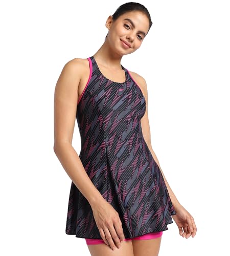 Image of Speedo Women's Endurance Hyperboom Printed Racerback Swimdress with Boyleg - Black & Electric Pink
