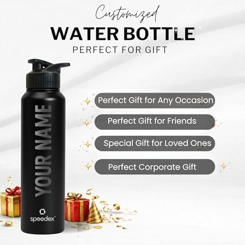 Image of Speedex Customised Stainless Steel Water Bottle 1 Ltr with Name - Personalised Engraved Sipper Cap Bottle for Kids, Men & Women, School, Gym, Office Black, Set of 1