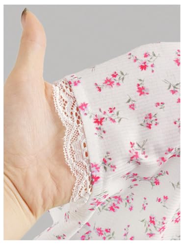 Image of RoseSeek Girl's Ditsy Floral Print Lace T Shirt Short Sleeve Ribbed Ruched Cute Tee Shirts Summer Tops