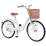 Hybrid Bikes for Women, 24 inch Adult Bicycles Lightweight Hi-Ten Steel Frame Road Bike Single Speed with Rear Rack and Basket, Commuter City Bike, Comfort Lady Bicycle, Vintage Adult Bike, White