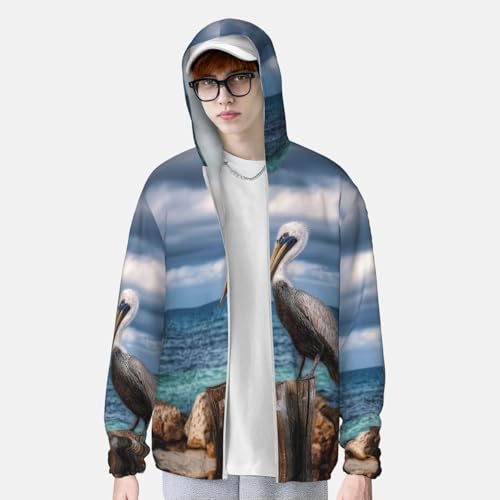 UPF 50+ Sun Protection Hoodie Rash Guard Long Sleeve Sun Shirt Pelican Bird Blue Sea Sky UV Shirt Full Zip Jacket4