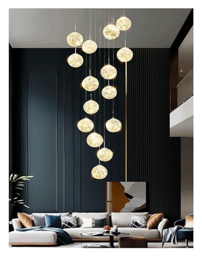 Plafonnier suspension lampe d'escalier lustre 15 boules de verre LED réglable