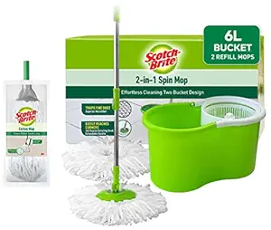 Scotch-Brite 2-in-1 Bucket Spin Mop (Green, 2 Refills), 4 Pcs & Scotch-Brite Cotton Handle Plastic Mop (Multicolor, IE840187199)