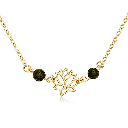 Natural Black Lava Rock Stone Lotus Flower Pendant Necklace For Women Aromatherapy Essential Oil Diffuser Jewelry (Gold) #TOP29