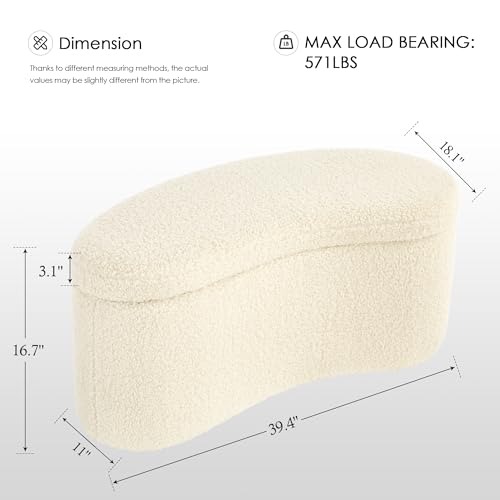 Image of Zesthouse Storage Bench for Bedroom End of Bed, 39.4 inch Small Curved Entryway Ottoman Bench, White Sherpa Fabric Bench Seat for Living Room Hall Mudroom, Modern Upholstered Coffee Table Crescent Shape