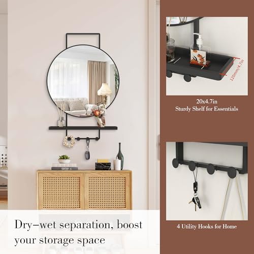 Image of BEAUTME Wall Mirror with Shelf and Hooks, 32x22 Inch Metal Framed Round Bathroom Mirrors with Shelf, Modern Farmhouse Wall Decor for Living Room Bedroom Entryway, Vertical (Black)