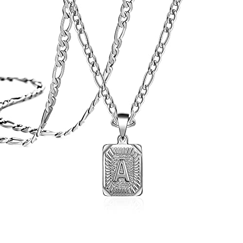 Joycuff Initial A Letter Pendant Necklace Personalized Birthday Jewelry Gifts For Women Men Teenage Sister Mom Daughter Best Friend Bridesmaid Brother Rectangle Stainless Steel Figaro Chain #TOP4