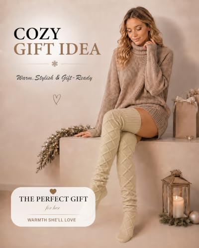 Image of Pcavin Thigh High Socks for Women, Long Cable Knit Over Knee Boot Stockings | Extra Long Fit, Cable Knit Texture, Warm Thick Knit, Winter Boot Socks, Cozy Leg Warmers, Sweater Sock Style