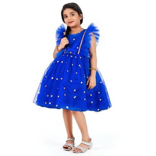 Image of Stanwells Kids Dress for Girls Bow Shade Sequins Embroider Knee Length Frock for Baby Girls Silk Birthday Perfect Dress Frock