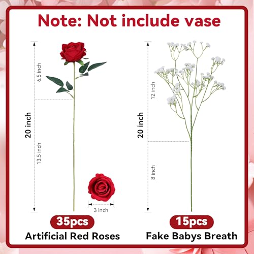 Image of HyeFlora 35 PCS Artificial Red Roses with 15 PCS Fake Baby Breath Realistic Fake Flowers Bouquet with Long Stem for DIY Wedding Party Home Decoration Vase Tables Centerpieces Arrangements Gift for Her