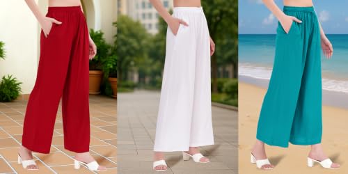 Image of Buy That Trendz Palazzo Pants for Women Rayon Elasticated Regular Fit Flared Wide Leg M to 6XL Pack of 3