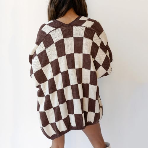 Image of Womens Checkered Cardigan Sweater Loose Long Sleeve Open Front Sweater Knit Coat Casual Oversized Plaid Cardigan Tops
