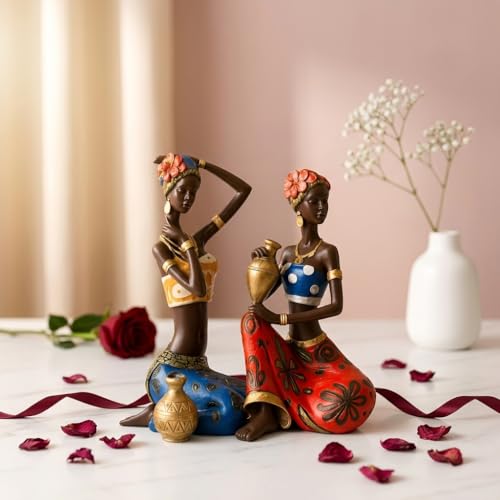 Image of Amazon Basics Vibrant Tribal Lady Figurine Set for Home & Office Decor | Artistic Cultural Sculpture Showpieces for Living Room, Shelf, Console & Study Table Styling (Multicolor, 23 cm)