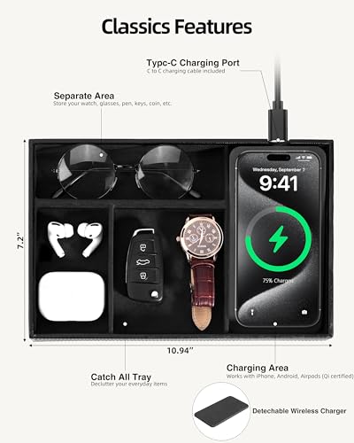 Valet Tray with Wireless Charger, Nightstand Organizer for Men, EDC Catchall Tray for Keys, Watch, Wallet, Jewellery, Premium Vegan Leather, Bedside Caddy, Stylish and Organized, Black3