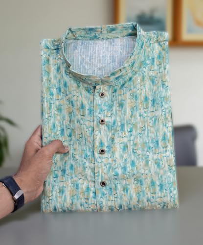 Image of FOXDX Men's Cotton Kurta, Ethnic Printed Kurta for Perfect Ethnic Look, Stand Collar Long Sleeve Casual Printed Regular Long Kurta