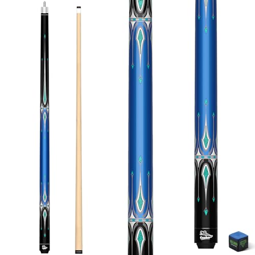 Pool Cue Stick 58 Inch 2-Piece Billiard Cue with Geometric Sword Inlays, Unwrapped Grip, Maple Shaft, 13mm Tip with Chalk Blue 20Oz