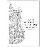 La Gibson SG illustrée et la citation de Angus Young de ACDC : I just go where the guitar takes me | poster guitare. idée cadeau illustration noir et blanc guitariste