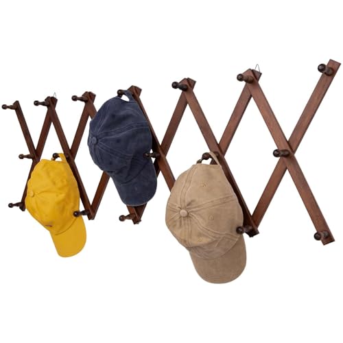 SCUNDA Accordion Wall Hanger with 20 Hooks, Expandable Wall Hat Display Rack, Wooden Wall Hook for Coat, Hats, Baseball Caps, Coffee Mug, Jewelry(Brown)