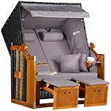 MR. DEKO® Strandkorb Ostsee Volllieger 2-Sitzer | PE Geflecht Schwarz Bezug Uni grau | inkl. 4 Kissen & Klapptisch | Strandstuhl verstellbar | Strandkörbe aus Hartholz mit Fußablage (Dessin Uni Grau)