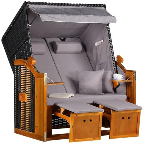 MR. DEKO® Strandkorb Ostsee Volllieger 2-Sitzer | PE Geflecht Schwarz Bezug Uni grau | inkl. 4 Kissen & Klapptisch | Strandstuhl verstellbar | Strandkörbe aus Hartholz mit Fußablage (Dessin Uni Grau)