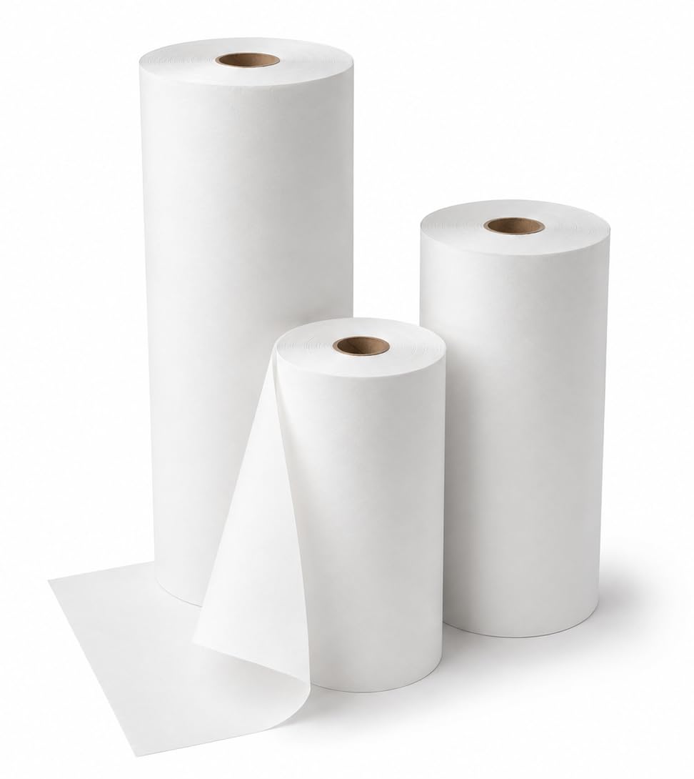 HELGUEFER - Rollo de Papel Kraft Blanco para Embalar y Mostrador | Papel Continuo Blanco en Bobina | Ancho 62 cm x Largo 200 m | Ideal para Paquetería, Patronaje y Manualidades