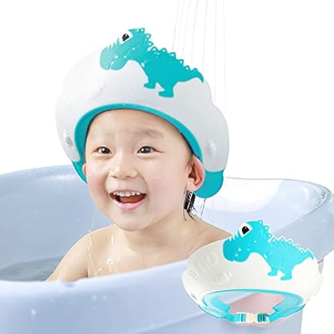 FUSACONY Baby Shower Cap Shampoo Cap for Kids Baby Hair Washing Shield Adjustable Bath Visor Face Shield for Toddler Kids Boys Girls Shower Hat to Stop Water in Eyes Dinosaur Blue Cover