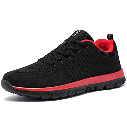FLOWING PLUME Mens Trainers Running Walking Shoes Lightweight Breathable Casual Comfortable Sneaker Fitness Gym Sports Jogging (Black Red,11 UK)