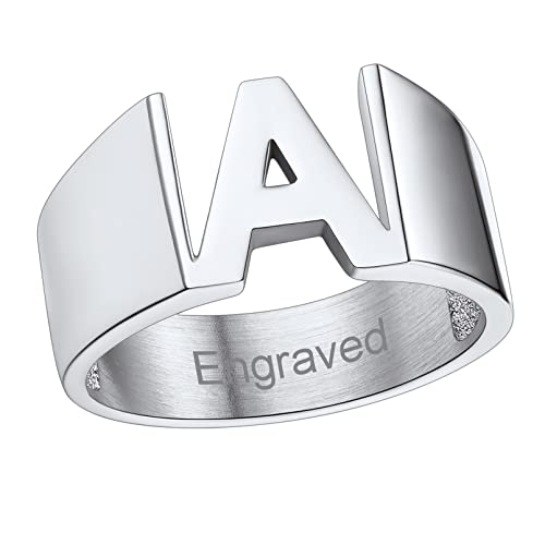 Custom4U Personalized Name Ring Unisex Custom Block Letter/Name/Initial/Year/Word Rings,Stainless Steel/Gold/Black Customzied Nameplate Ring for Women Men (Gift Box) 6.0 Silver