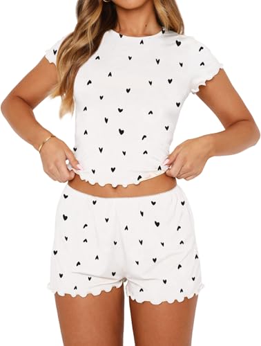 Image of Lacozy Cute Pajamas for Women Set 2 Piece Short Sleeve Pjs Floral Graphic Crop Top Y2K Summer Sleepwear Lounge Set