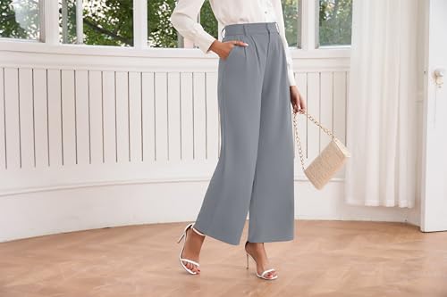 TASAMO Womens Half Elastic Waist Straight Leg Trousers Office Dress Pants Light Gray3