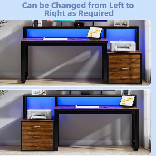 Image of MaverickFurni 67'' Computer Desk with 3 Drawers, Home Office Desk with Printer Shelf and Monitor Stand, Gaming Desk with LED Lights, Black and Walnut