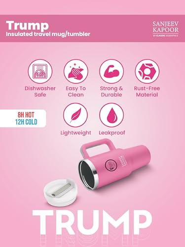 Image of Sanjeev Kapoor by Classic Essentials Stanley Stainless Steel 1200ML Tumbler with Lid and Straw, Hot and Cold Double Insulated Sipper Mug, 100% Leak Proof Coffee Tumbler Cupholder for Office (Pink)