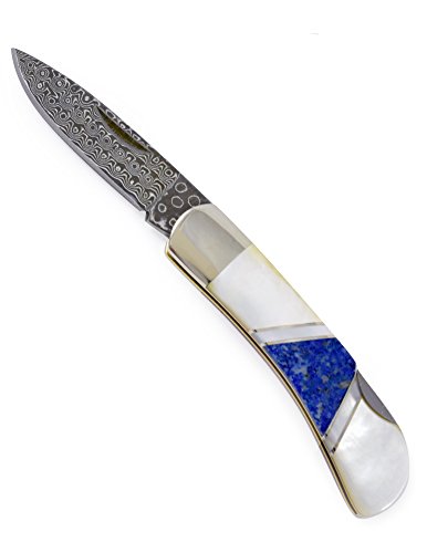 Folding Pocket Knife with Damascus Blade and Artisan-Crafted Mother of Pearl and Blue Lapis Lazuli Stone Handle, 3