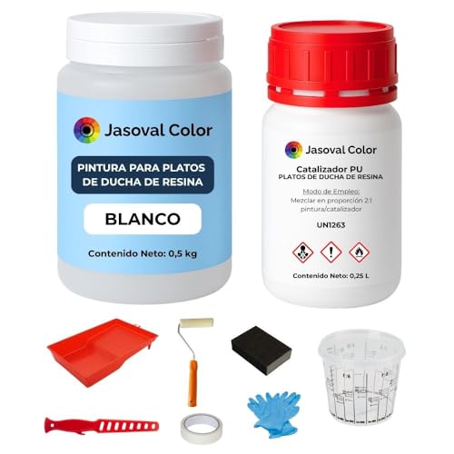 Jasoval Color Pintura Plato Ducha Resina Antideslizante Blanco, Kit Reparacion Plato Ducha Resina con Herramientas, Pintura Antideslizante (0,5 kg Poliuretano + 0,25 L Catalizador)