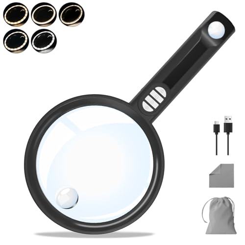 Large Magnifying Glass with 54 LED Light, 10X/20X/45X Handheld Magnifier