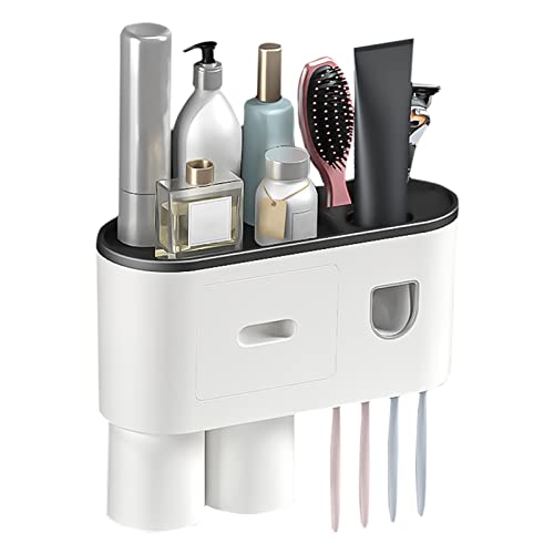 WUERKIYA Soporte para Cepillo de Dientes Organizador de Baños Automático Dispensador Pasta de Dientes para El Montaje de Pared con Doble para Niños y Adultos 4 Ranuras de Cepillo 2 Tazas Magnéticas